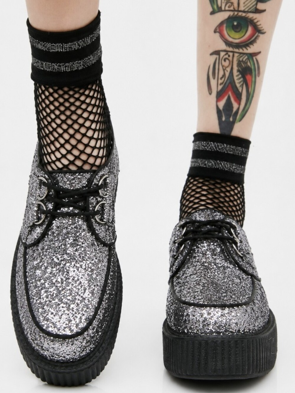 T.U.K Viva Mondo Creepers Silver Glitter Platform Lace Up Gothic Y2K Women Sz 10